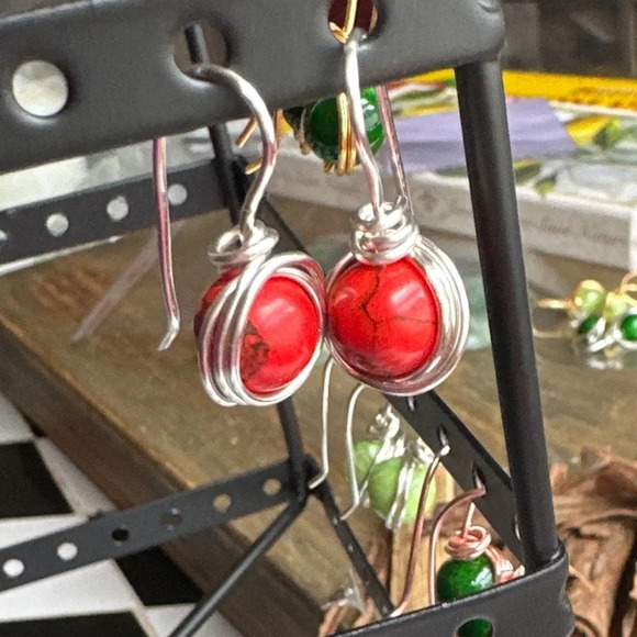 Colorful  Red turquoise silver chunky drop dangle earrings/western style - Picture 1 of 4